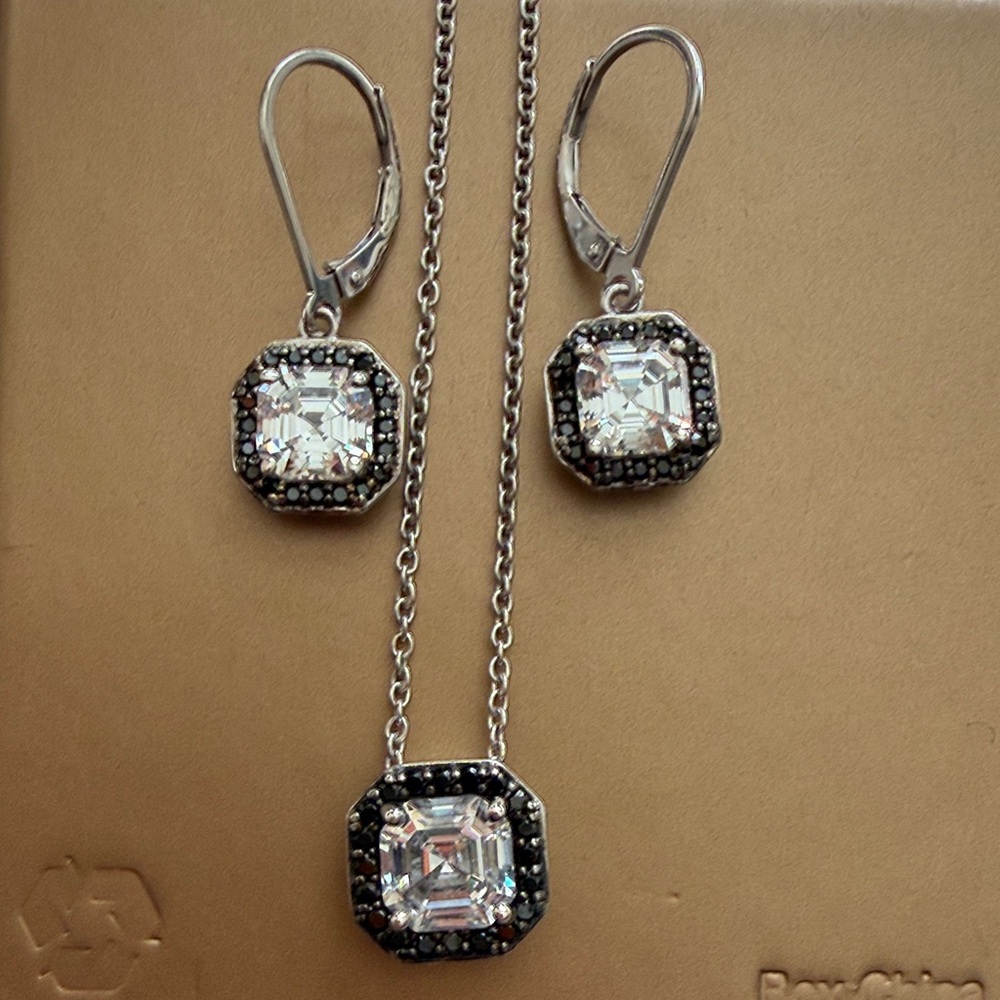 Diamonique Black & Clear Cut Asscher-Cut Pendant Matching Earrings 16”-18” Chain